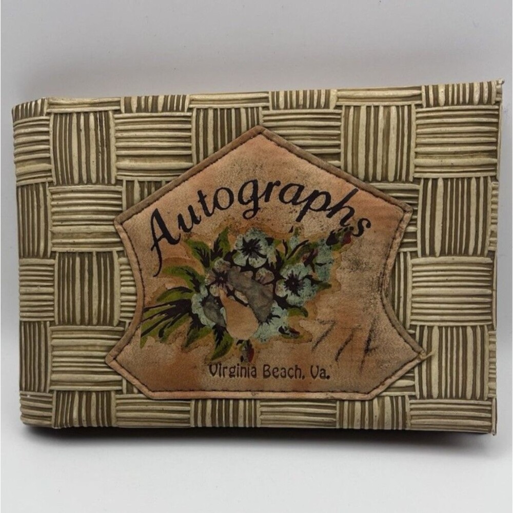 Vtg 1950s Virginia Beach VA Souvenir Autograph Book Basketweave Ephemera Journal